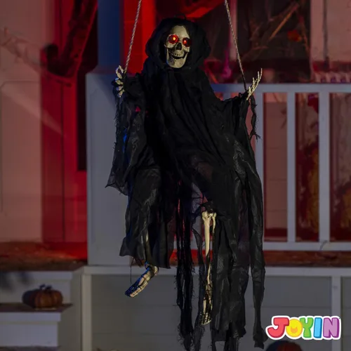 Miniatura 6 de JOYIN 2 piezas de decoración de fantasmas colgantes de Halloween al aire libre, decoración de Halloween con ojos iluminados, espeluznante esqueleto