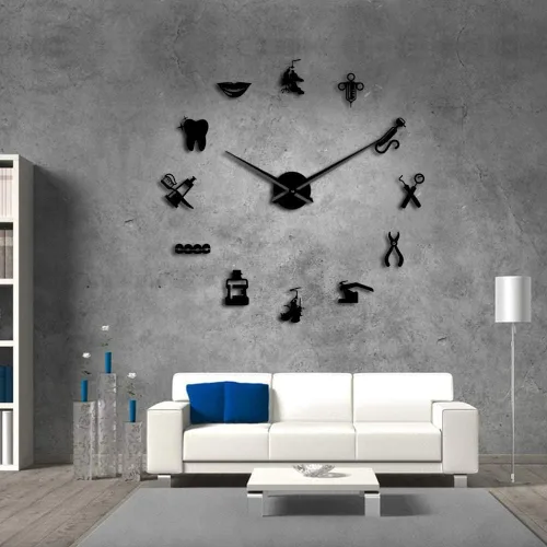 Miniatura 4 de The Geeky Days Reloj de pared gigante con signo de dentista con efecto espejo, reloj dental, arte de pared, decoración del hogar, reloj grande sin