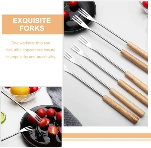 Miniatura 7 de CALLARON 12 tenedores para fondue de acero inoxidable, mango de madera, tenedor de chocolate, herramientas de fondue de queso, tenedores de fondue