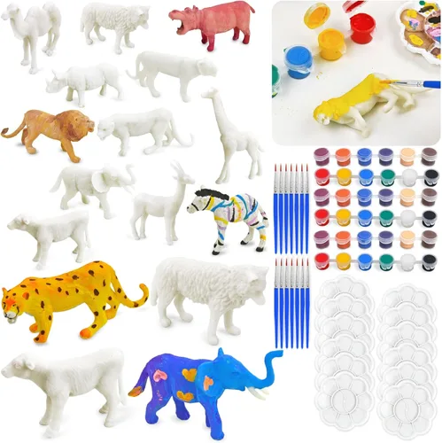 Vileafy Kits de manualidades de pintura de animales de safari para niños de 4 a 8 años - 12 figuras de animales pintables con pinceles y paletas -
