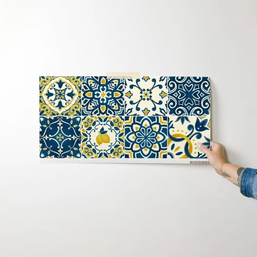 Miniatura 7 de Papel tapiz para despegar y pegar – Azulejos amarillos Limones Cheater Quilt Italiano Mediterráneo Azulejos Siciliano Karge Escala Toscana, Papel