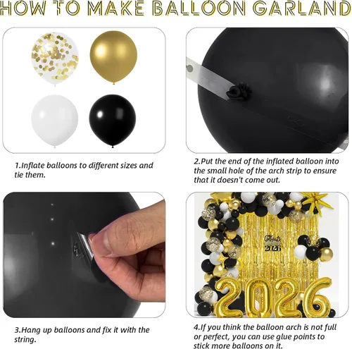 Miniatura 6 de Kit de arco de guirnalda de globos de graduación para decoraciones de graduación de clase de 2026, globos negros dorados y blancos de diferentes