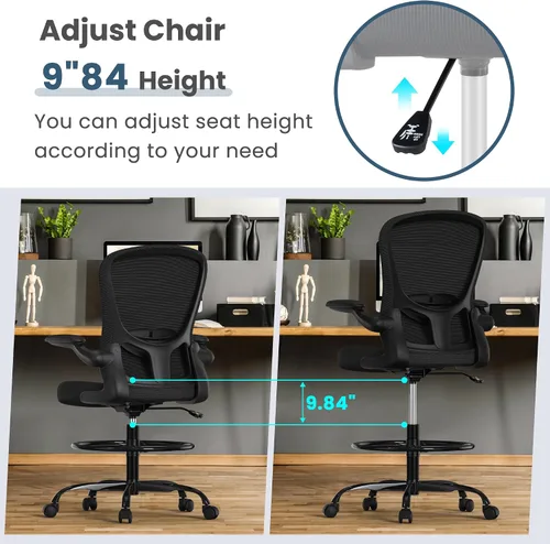 Miniatura 6 de Silla de dibujo, silla de oficina alta con reposabrazos abatibles, silla de escritorio de pie ergonómica ejecutiva para computadora, silla de dibujo