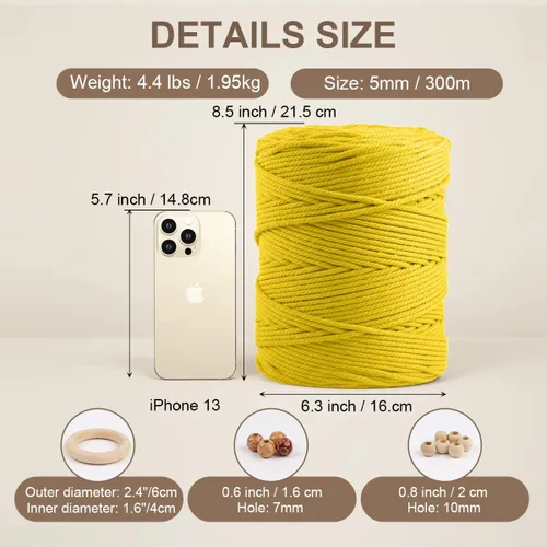 Miniatura 2 de ZUEXT - Cordón de algodón de macramé de 0.197 in x 328 yardas, cuerda trenzada de jengibre natural hecha a mano, 4 hebras, cuerda de punto