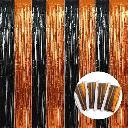 BEISHIDA 4 Piezas de Serpentinas de Fiesta Negras y Naranjas con Flecos, Cortina de Telón de Fondo de Aluminio, Telón de Fondo de Oropel, Decoración