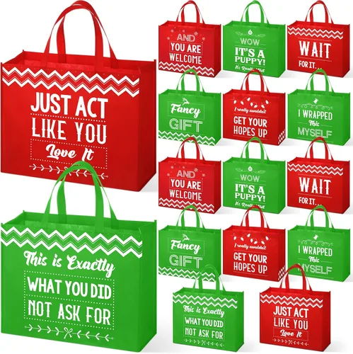 Miniatura 9 de Zonon 8 bolsas de regalo divertidas de Navidad con asas, bolsas de favor de fiesta de Navidad rojas y verdes con frases humorísticas, suministros