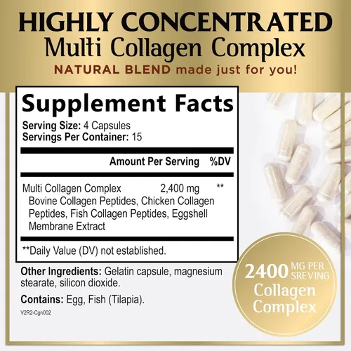 Miniatura 2 de Suplemento de colágeno múltiple de 2400 mg, el mejor complejo de colágeno hidrolizado para mujeres y hombres, con péptido tipo I, II, III, V, X