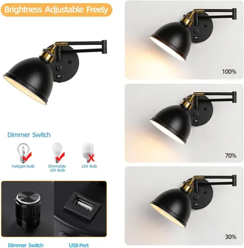 Miniatura 2 de Apliques de pared con brazo oscilante, lámpara de pared enchufable, lámpara de pared para dormitorio, pantalla de tela blanca, con interruptor