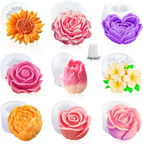MGLIFEUL 8 piezas de rosa flor tulipán peonía corazón vela jabón cera molde de silicona del Día de San Valentín para pequeñas velas de mantequilla
