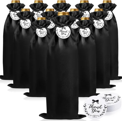 Shappy 12 bolsas de regalo de vino de satén negro con cordones y etiquetas, bolsas para botellas de vino, fundas reutilizables para suministros de
