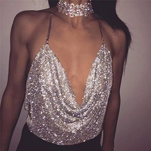 Miniatura 3 de Mujeres Sexy Brillante Rhinestone Crop Tops Cadena de Metal Halter Tank Top V Cuello Camisola para Festival Club Party Raves