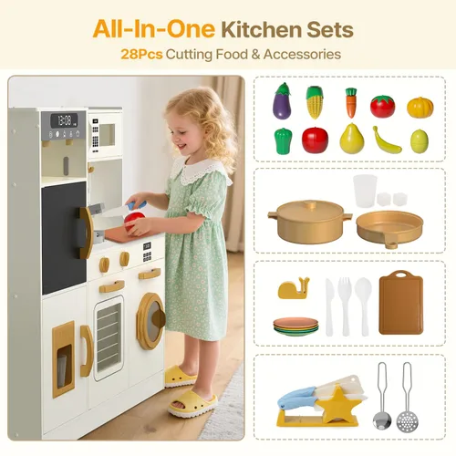 Miniatura 3 de BIERUM Play Kitchen - Juego de cocina para niños con luces y sonidos realistas, 28 piezas de accesorios de comida de juguete y utensilios de cocina
