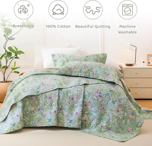 Miniatura 3 de Sanracie Edredón extragrande tamaño King (120"x120"), juego de edredón 100% algodón con estampado floral verde de 3 piezas, edredón suave y ligero