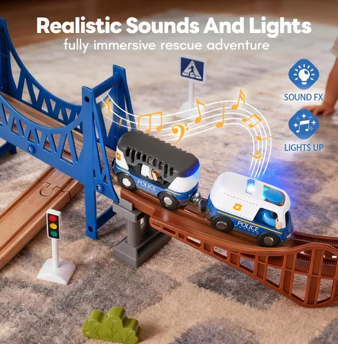 Miniatura 2 de Giant bean Juego de 6 piezas de coches de tren de rescate magnéticos con sonido y luz - Vehículos de emergencia 3 en 1 de policía, bomberos