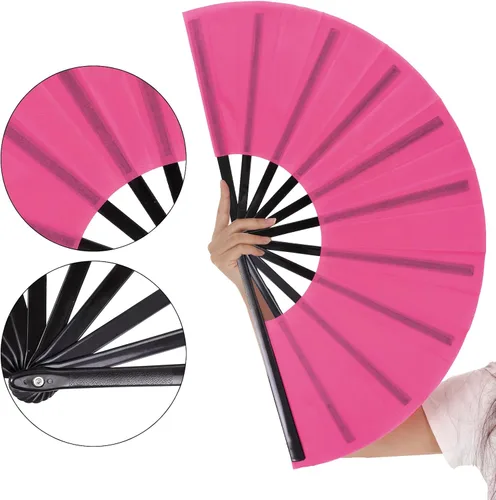 Miniatura 18 de Nydotd Paquete de 1 abanico grande de mano plegables de nailon plegable con funda de soporte para hombres y mujeres, línea de actuación, danza, kung