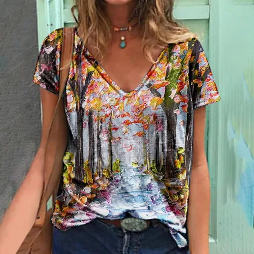 Miniatura 2 de ZZWXWA Shirts for Women Trendy Short Sleeve Tunic Blouse Floral Printed Pullover T-Shirt Crew-Neck Loose Tops Summer T-Shirt