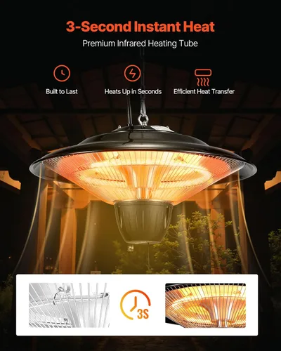 Miniatura 2 de VEVOR Calentador de patio colgante, calentador infrarrojo eléctrico de 1500 W, protección IP34 con cable de tracción de 23.6 pulgadas y cadena