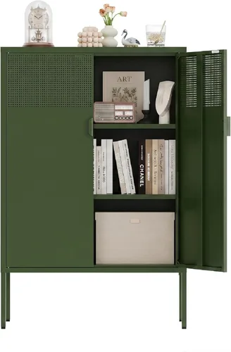 Miniatura 14 de Gabinete de almacenamiento de metal, soporte de TV de 2 puertas, gabinete de acento de malla metálica, cierre de puerta magnético, gabinetes de Negro