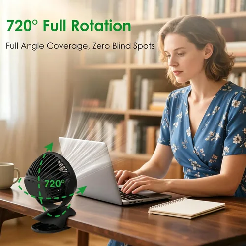 Miniatura 3 de Minthouz Ventilador de clip, ventilador de escritorio pequeño recargable USB-C de 8000 mAh, ventilador de escritorio pequeño de 4 velocidades