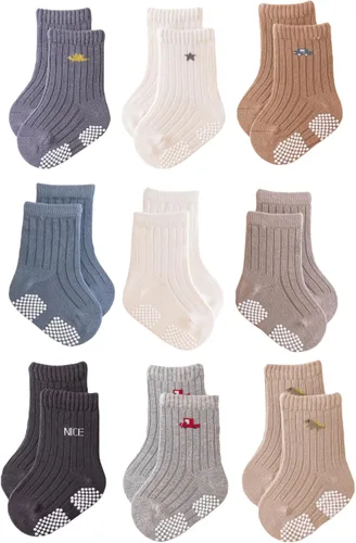 J Poqobog - Calcetines de tripa para bebés, calcetines de algodón peinado con agarre para niños pequeños, sin deslizamiento/antideslizamiento,