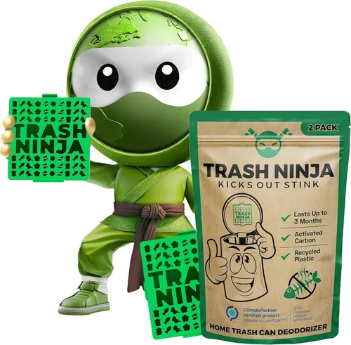 Trash Ninja - Desodorizador y eliminador de olores (paquete de 2) para botes de basura de interiores de hasta 10 galones, fabricado con carbón
