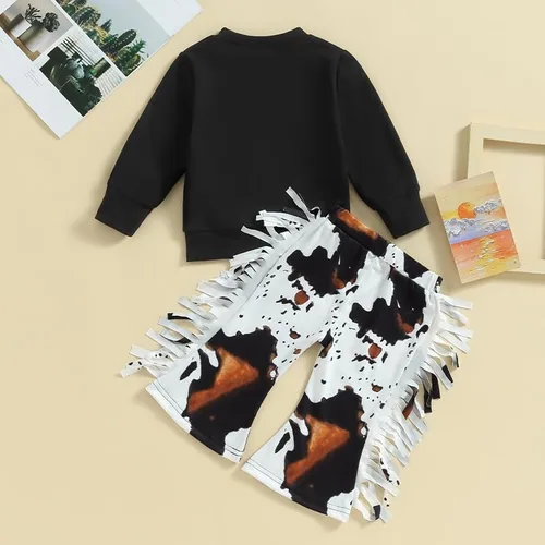 Miniatura 7 de Conjunto de sudadera vaquera occidental para niña pequeña, pantalones acampanados de vaca, ropa de otoño