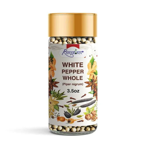 Ramaroma Pimienta blanca entera, especias 3.5 oz (100 g) ~ (seguro Mirch Sabut) Todo natural | Vegano | Apto para gluten | Sin OMG | Especias