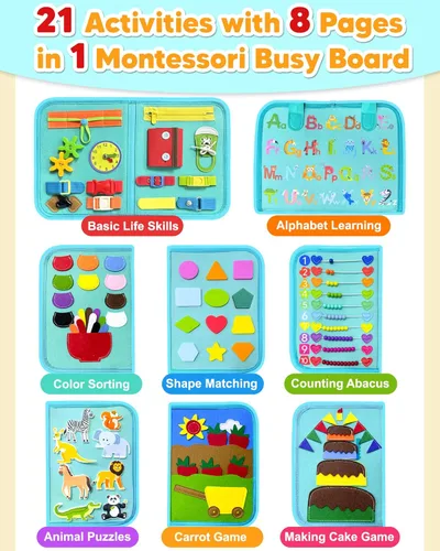 Miniatura 3 de Exorany Tablero Ocupado Juguetes Montessori para Niño Niña Regalos de Cumpleaños, Libro Ocupado Juguetes de Aprendizaje Sensorial para Niños