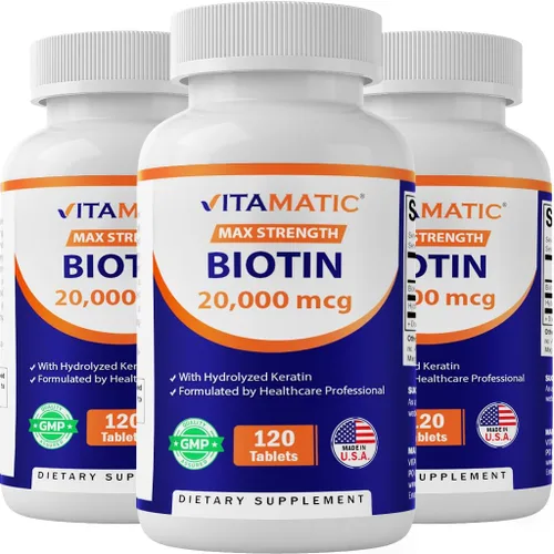 Vitamatic Biotina de alta potencia de 20000 mcg (20 mg) con queratina 100 mg – 120 tabletas – Suplementos de biotina para un cabello, piel y uñas