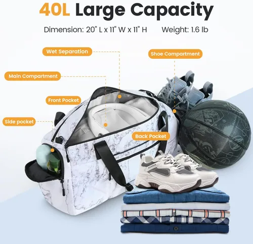 Miniatura 2 de Bolsa de gimnasio grande para mujer con compartimento para zapatos, bolsa deportiva de 40 L para hombres con bolsillo húmedo, bolsa de lona ligera
