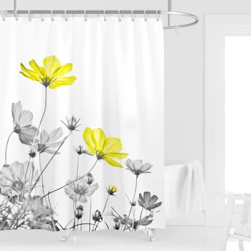 Miniatura 22 de Cortina de ducha de 72" x 72" con flores grises y rosas, gris y blanco, flores silvestres, margaritas, plantas, pintura de tinta, botánica