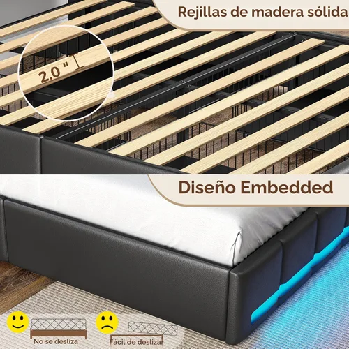 Miniatura 7 de Rolanstar Marco de cama tamaño twin con luces LED y estación de carga, cabecera de almacenamiento de cuero PU y cajones, listones de madera Negro