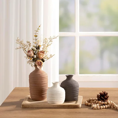 Miniatura 6 de Dobbyby Juego de 3 jarrones de cerámica decorativos para decoración del hogar, decoración moderna de granja, jarrones neutros de cerámica para sala