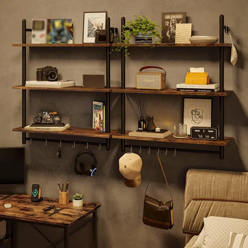 Miniatura 5 de Bestier - Estantería industrial de 3 niveles para tubos, estantes flotantes para libros para pared, estantes colgantes de almacenamiento con barra