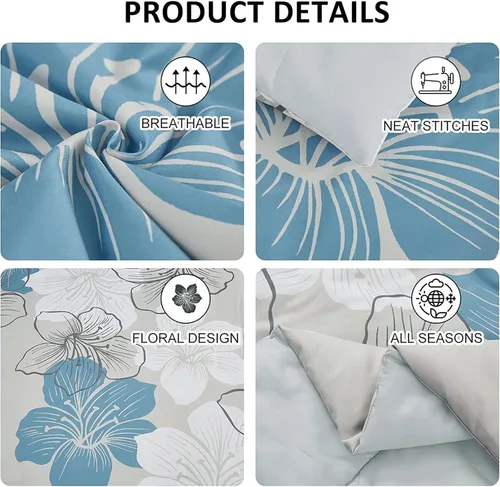 Miniatura 4 de Luxudecor Juego de edredón floral tamaño individual, 6 piezas de cama en una bolsa, edredón floral azul y juego de sábanas, juego de ropa de cama