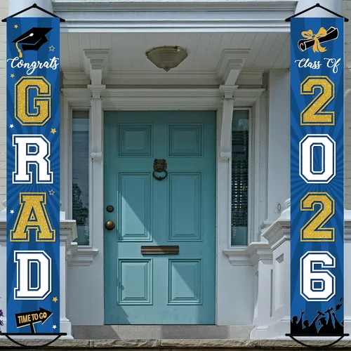 Miniatura 10 de Cartel de graduación 2026, decoraciones de graduación negro y dorado, letrero de porche de clase de 2026, decoración de puerta de felicitaciones