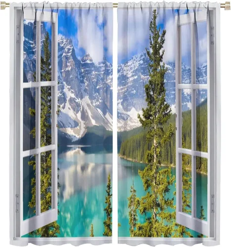 Miniatura 13 de Cortinas de paisaje, ventana tropical con vista al mar, océano, playa, barco, cortinas con estampado de palmeras para dormitorio, sala de estar, Mar
