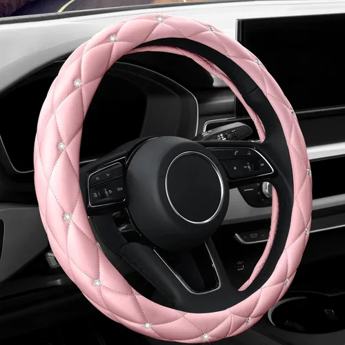 YOGURTCK Linda funda antideslizante para volante de cuero rosa suave con diamantes y cristales brillantes, universal de 15 pulgadas para mujeres y