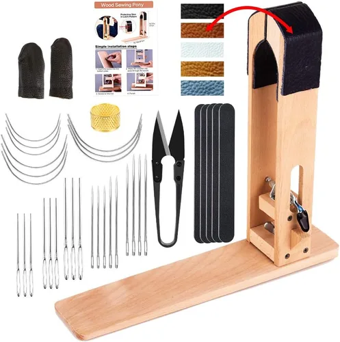 LUNARM Caballo poni de costura - Abrazadera de mesa de escritorio para coser en cuero con agujas de coser de ojos grandes, limas de uñas de