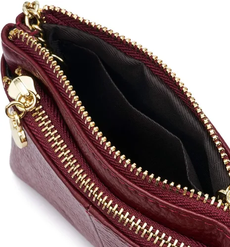 Miniatura 6 de ZOOEASS Mini monedero con cremallera de cuero genuino para mujer, con llavero con triple cremallera, tarjetero