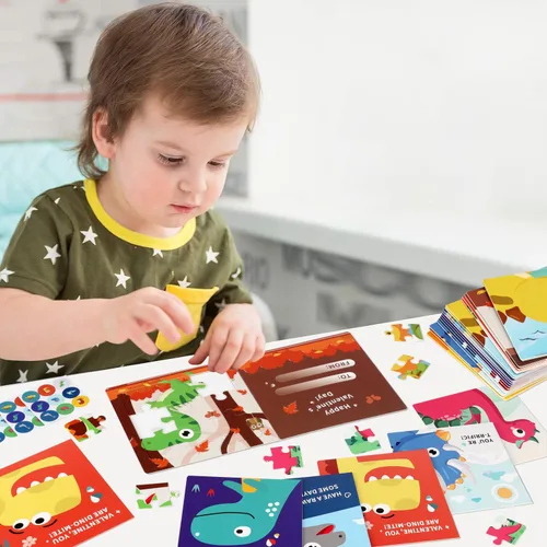Miniatura 7 de Rompecabezas del día de San Valentín para niños, paquete de 27 tarjetas de rompecabezas de dinosaurio con sobres y calcomanías a granel
