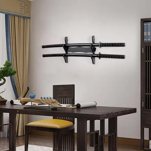 Miniatura 5 de Soporte de pared Katana, soporte de pared de espada Katana, 2 juegos de madera, soporte de pared para exhibición de espadas, (espadas no incluidas)
