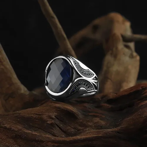Miniatura 5 de Anillo de plata de ley 925 para hombre con piedra preciosa de zafiro, anillo de plata grabado hecho a mano, regalo para él, anillo de plata