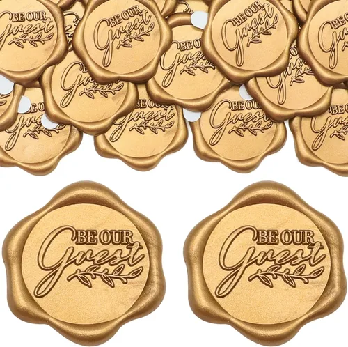 SWANGSA 50 calcomanías de sello de cera con texto en inglés "Be Our Gues", color dorado antiguo, autoadhesivas, para invitaciones de boda, sobres,