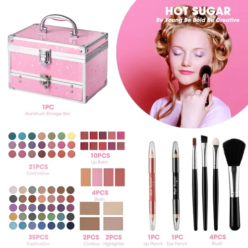 Miniatura 3 de Kit de maquillaje Hot Sugar para adolescentes con estuche de tren, juego de regalo de maquillaje portátil para principiantes, kit de belleza y Rosa