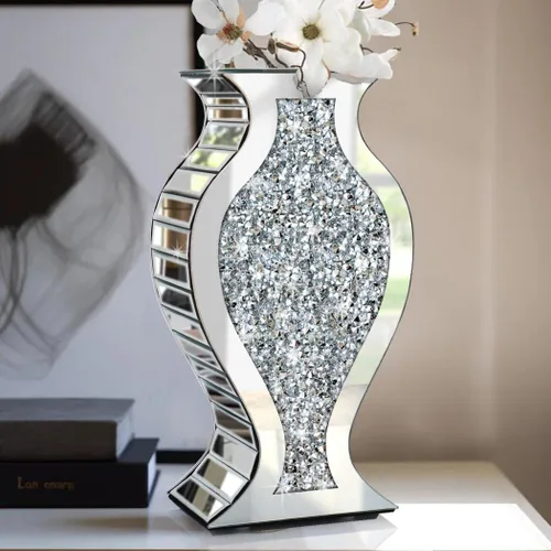 ALLARTONLY Jarrón de Espejo con Diamante Triturado de Cristal Plateado Impresionante Florero Decorativo de Lujo para Decoración del Hogar. No Puede