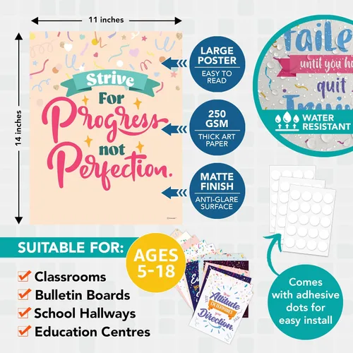 Miniatura 4 de Decorably 15 pósteres inspiradores de confeti para aula, 11 x 14 pulgadas, decoración de laminado mate, para escuela, pasillos, tablones