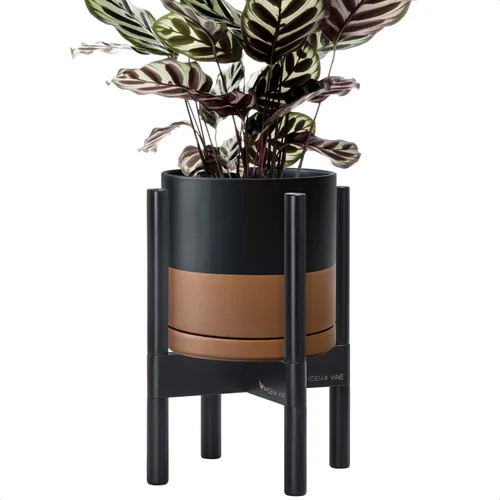 Miniatura 20 de D'vine Dev Maceta de cerámica con soporte de ébano – Maceta redonda moderna de 8 pulgadas con soporte para maceta de madera, color negro, 55-B-M-2