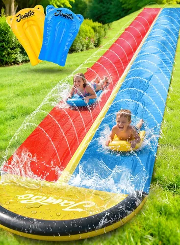 Miniatura 11 de JAMBO Tobogán acuático de doble carril de 22.5 pies con 2 tablas de bodyboard con rociador integrado para diversión acuática en el patio trasero al
