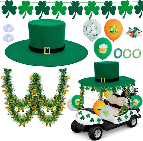 Kit de decoración de coche de desfile del día de San Patricio, decoración de flotador de carrito de golf irlandés, sombrero gigante de San Patricio
